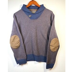Jos A Bank Sweater Mens 2XL Blue Wool Excellent Herringbone Elbow Patch Reserve